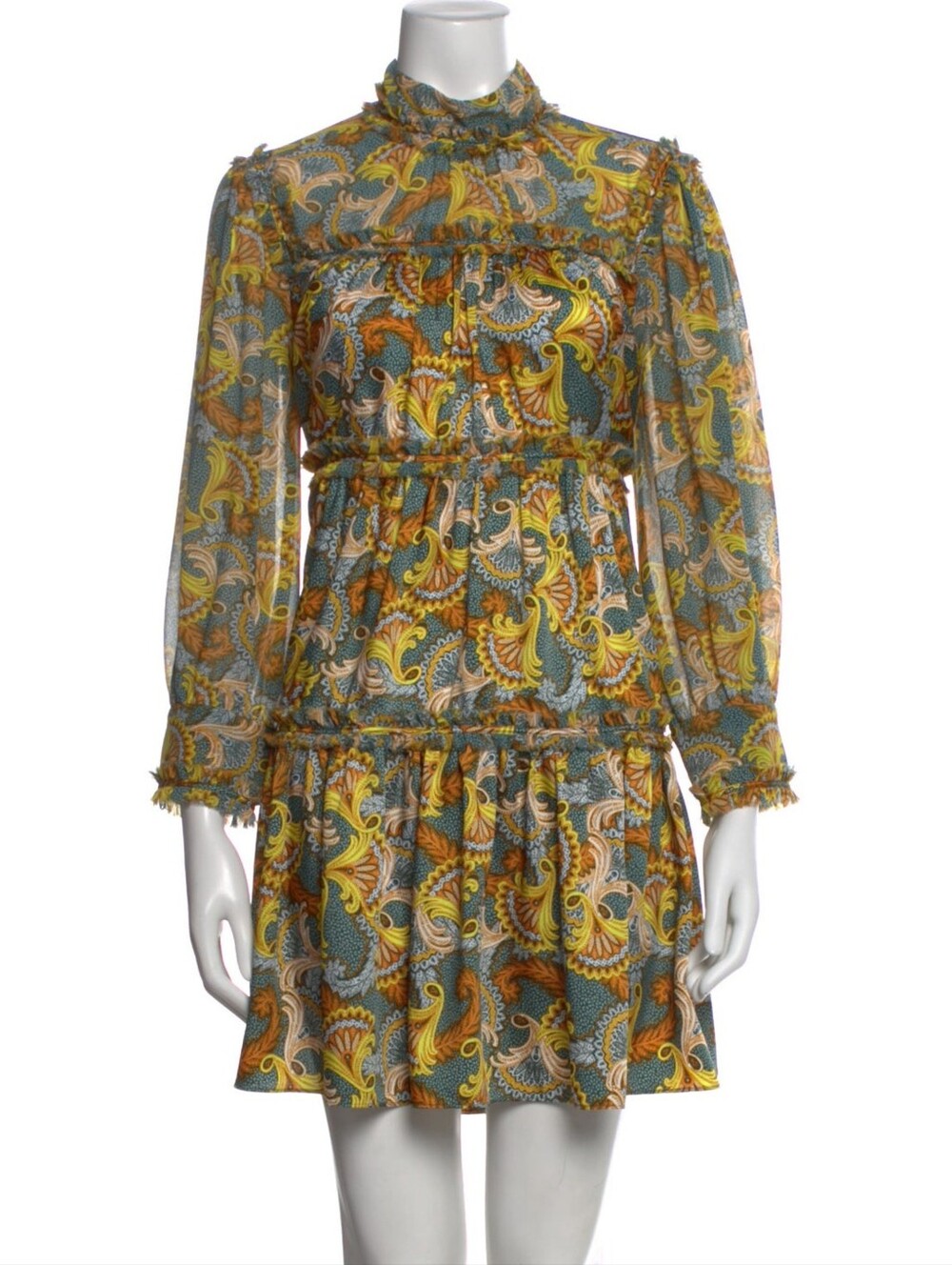 Cinq A Sept Brady Paisley Ruffle Tiered Baby Doll Dress In Eucalyptus, Size 6